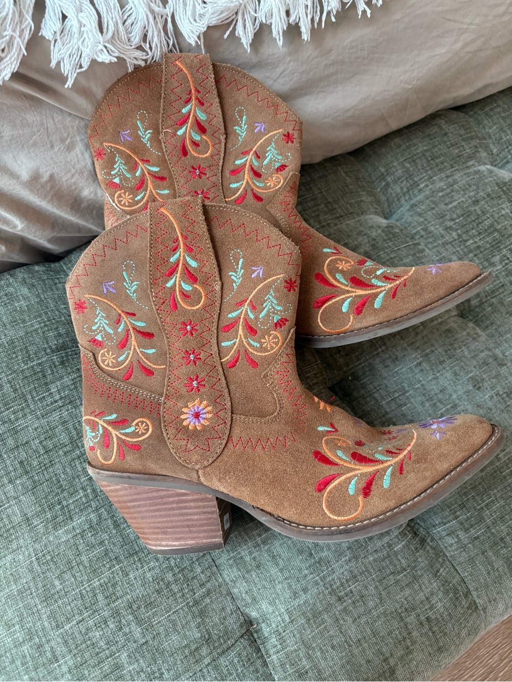 Dingo Brown Suede Embroidered Western Ankle Boots